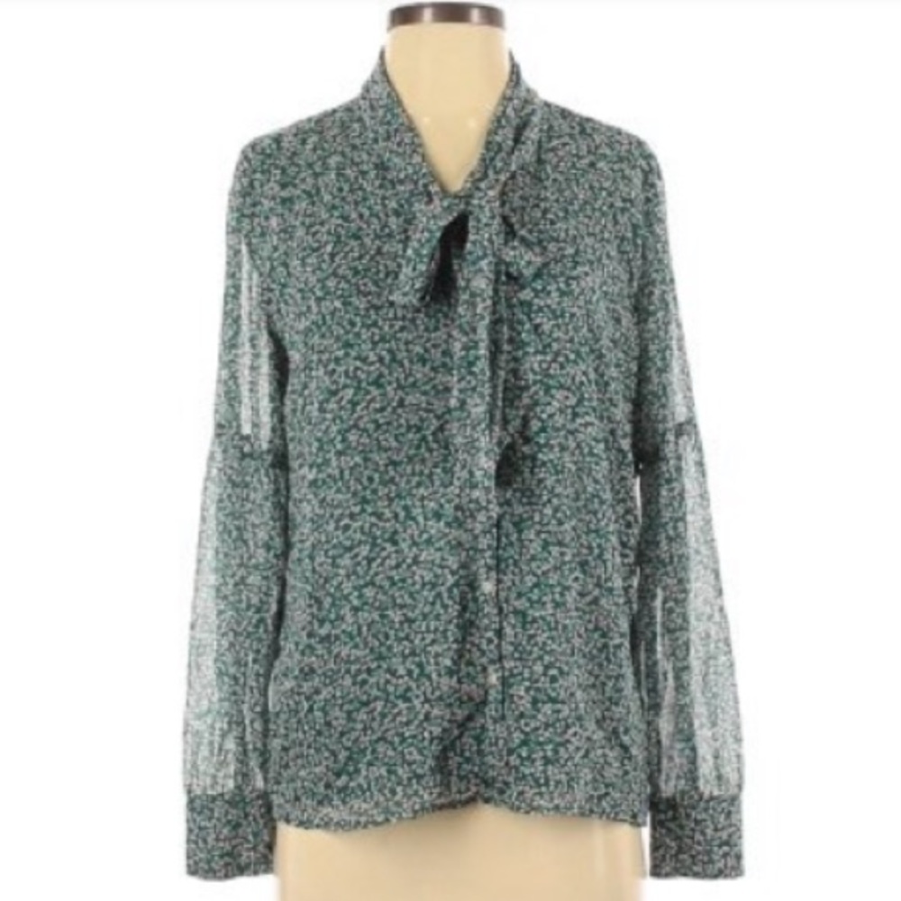 Loft Green Multi Cherry Floral Printed Sheer Long Sleeve Tye Neck Button Blouse - Picture 1 of 6